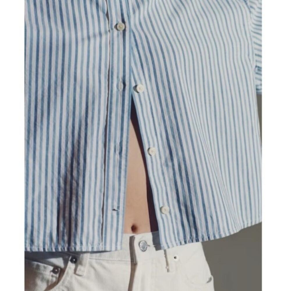 NWT Everlane The Woven PJ Button Down Crop Top Blue White Stripe Cotton Medium - Picture 7 of 16